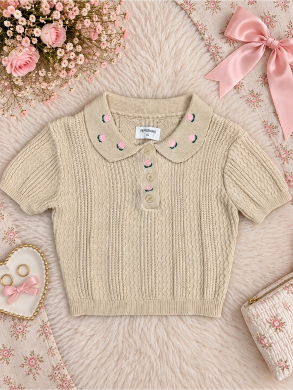 Peppermayo Aubrielle Knit Collar Top Cream Rose Embroidered XS/S
